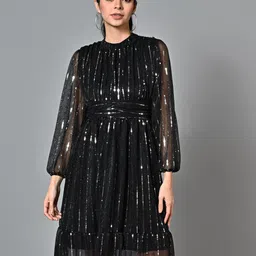 Justin Whyte Embellished Puff Sleeve Dobby Bling & Sparkly Fit & Flare Dress-picture-29