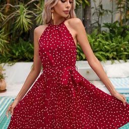 StyleCast Maroon Polka Dots Printed Halter Neck Belted Accordion Pleated Fit & Flare Dress-image-24
