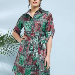 Antheaa Tropical Printed Shirt Collar Satin Fit & Flare Dress-image-99