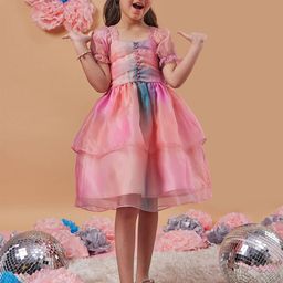 pspeaches Girls Square Neck Short Puff Sleeves Fit & Flare Dress-image-59