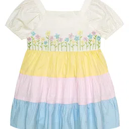 Budding Bees Girls Colourblocked Square Neck Cotton Fit & Flare Dress-11