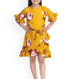 StyleStone Girls Mustard Yellow Floral Printed Fit and Flare Dress-picture-6