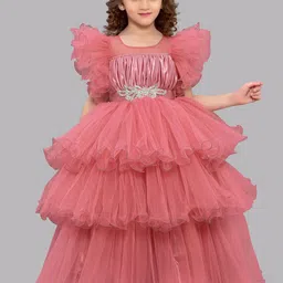Pink Chick Flutter Sleeves Layered Net Maxi Dress-image-86