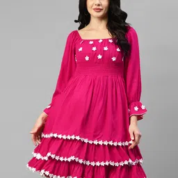 vibes by deebaco DEEBACO Embroidered Layered Square Neck Puffed Sleeves Fit & Flare Dress-picture-42