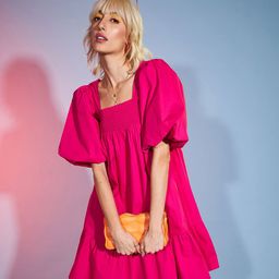 SASSAFRAS Pink Puff Sleeve Smocked Pure Cotton Fit & Flare Dress-image-7