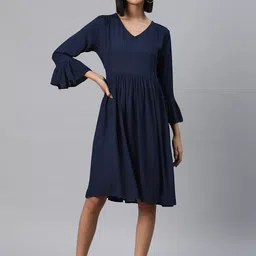 KALINI V-Neck Bell Sleeve Gathered or Pleated Fit & Flare Dress-image-83