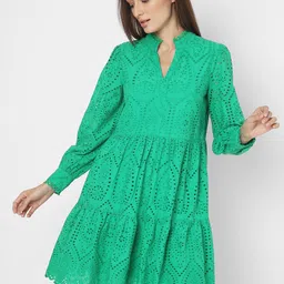 Vero Moda Mandarin Collar Schiffli Cuffed Sleeves Cotton Dress-image-4