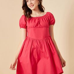 RARE Magenta Off-Shoulder Puff Sleeve Cotton A-Line Dress-image-64