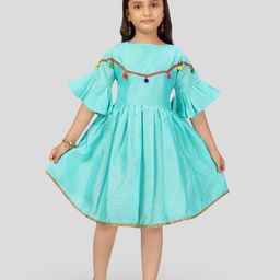 BAESD Girls Silk Turquoise Blue Solid Bell Sleeve Fit & Flare Dress-image-13