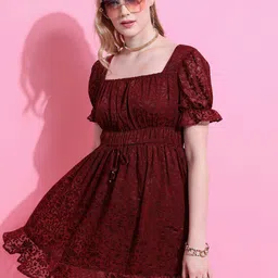 KETCH Self Design Square Neck Flutter Sleeves Gathered Detail Fit & Flare Dress-image-15