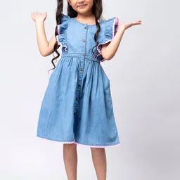 HERE&NOW Girls Blue Flutter Sleeve Cotton A-Line Dress-image-5