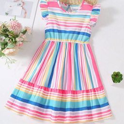 BAESD Girls Striped Round Neck Flutter Sleeve Gathered Cotton Fit & Flare Dress-picture-31
