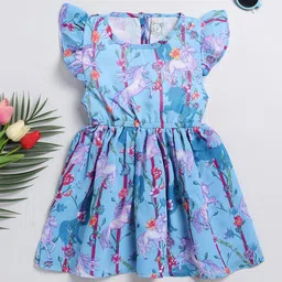 Lazy Shark Floral Printed Flutter Sleeves Fit & Flare Dress image 1