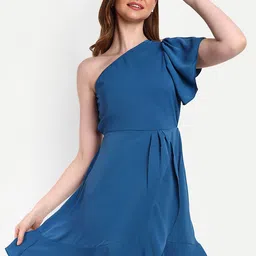 iki chic Blue Flutter Sleeve Fit & Flare Dress-image-8