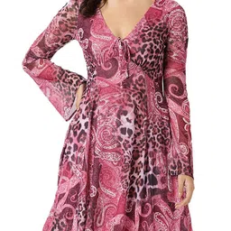 GUESS V Neck Ethnic Motifs Print Bell Sleeve Fit & Flare Dress-picture-36