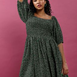 Tokyo Talkies Green Floral Printed Square Neck Puff Sleeves Smocked Fit & Flare Dress-image-50