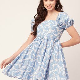 Moomaya Floral Print Puff Sleeve Cotton Fit & Flare Dress-image-30