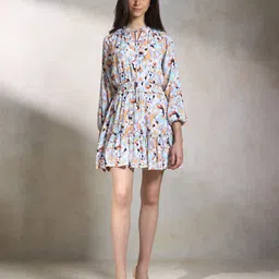Virgio Floral Printed Tie-Up Neck Cuffed Sleeve Fit & flare Dress-image-12