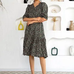 AASK Flower Print Puff Sleeve Fit & Flare Dress-image-78