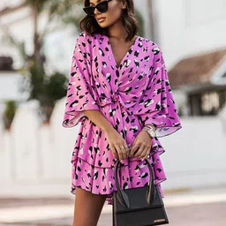 StyleCast x Revolte V Neck Abstract Print Flared Sleeve Layered Wrap Dress-picture-5