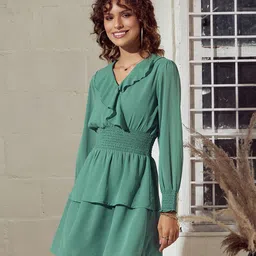 SASSAFRAS Green Puff Sleeve Smocked Ruffled & Layered Georgette Fit & Flare Dress-picture-14