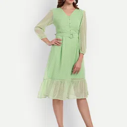 D 'VESH Self Design Puff Sleeve Fit & Flare Dress-image-40