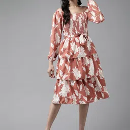 BAESD Floral Printed Smocked Off-Shoulder Puff Sleeve Fit & Flare Dress-picture-50