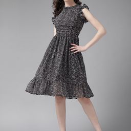 BAESD Floral Printed Flared Sleeves Smocked Georgette Fit & Flare Dress-picture-27