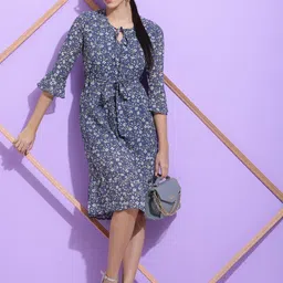 SQew Floral Printed Bell Sleeves Georgette Tie Up A-Line Dress-image-20