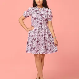 BAESD Key hole Neck Floral Print Puff Sleeves Georgette Fit & Flare Dress-image-14