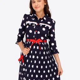 CUTECUMBER Girls Polka Dot Printed Shirt Collar Pleated Shirt Dress-10