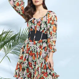 Antheaa Black Round Neck Floral Printed Chiffon Corset Fit & Flare Dress-image-91
