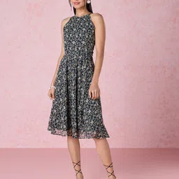20Dresses Black Floral Printed Gathers Detailed Fit & Flare Dress-image-57