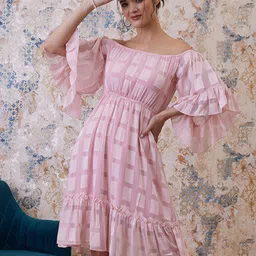 Athena Pink Checked Off-Shoulder Flared Sleeves Chiffon A-Line Dress-image-7