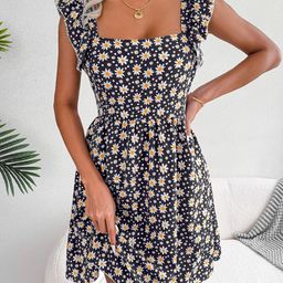 StyleCast Black Floral Printed Square Neck Flutter Sleeve Chiffon Fit & Flare Dress-picture-15