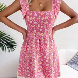 StyleCast Pink Floral Printed Square Neck Flutter Sleeve Chiffon Fit & Flare Dress-picture-17