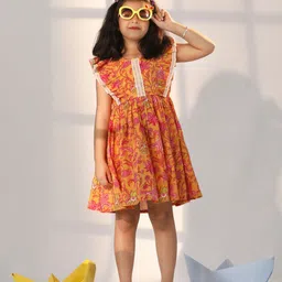 VASTRAMAY Girls Floral Printed Batwing Sleeves Lace Inserts Fit & Flare Dress-43