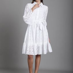 MARC LOUIS Self Design Schiffli Tie Ups Cotton Shirt Dress-image-9