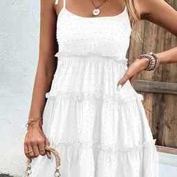 StyleCast x Revolte White Self Design Ruffled Tiered Fit & Flare Dress-image-74