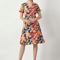 DressBerry Red  Floral Printed V-Neck Linen A-line Dress-image-58