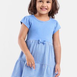 Hola Bonita Girls Striped Puff Sleeves Bow Detail Cotton Fit & Flare Dress-image-16