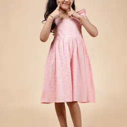 HERE&NOW Girls Pink Self Design Shoulder Straps Cotton Fit & Flare Dress-36