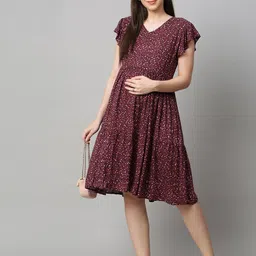 MomToBe Floral Printed Flutter Sleeves Gathered Detailed Maternity Fit & Flare Dress-image-48