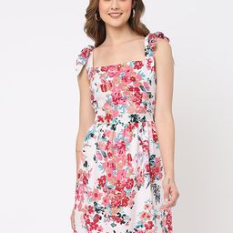 MISH White And Pink Floral Printed Square Neck Fit & Flare Dress-image-5
