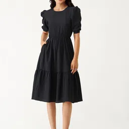 AASK Puff Sleeve Crepe Fit & Flare Dress-image-48
