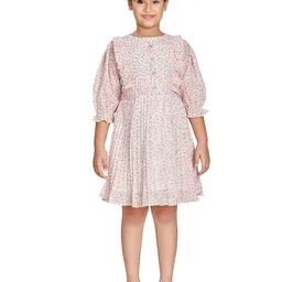 Peppermint Girls Floral Printed Puff Sleeves Belted A-Line Dress-image-23
