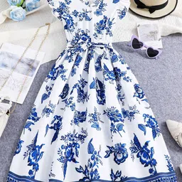 BAESD Girls Floral Printed V-Neck Gathered Detailed Fit & Flare Dress With Belt-image-70