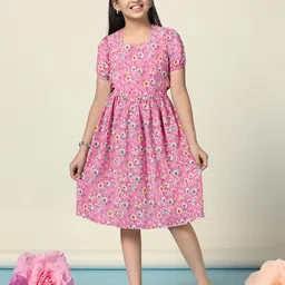 BAESD Girls Floral Print Square Neck Puff Sleeves Fit & Flare Dress-image-95