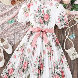 BAESD Girls Floral Print Round Neck Short Puff Sleeves Fit & Flare Dress-picture-58