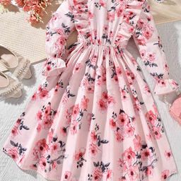 BAESD Girls Floral Printed Bell Sleeve Ruffled Fit & Flare Dress-42